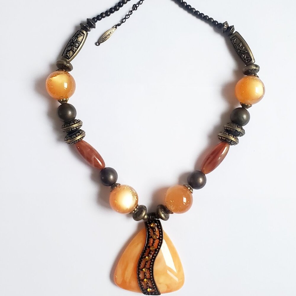 Gorgeous Vintage Butterscotch Amber Glass Statement Necklace Beads Rustic Chain